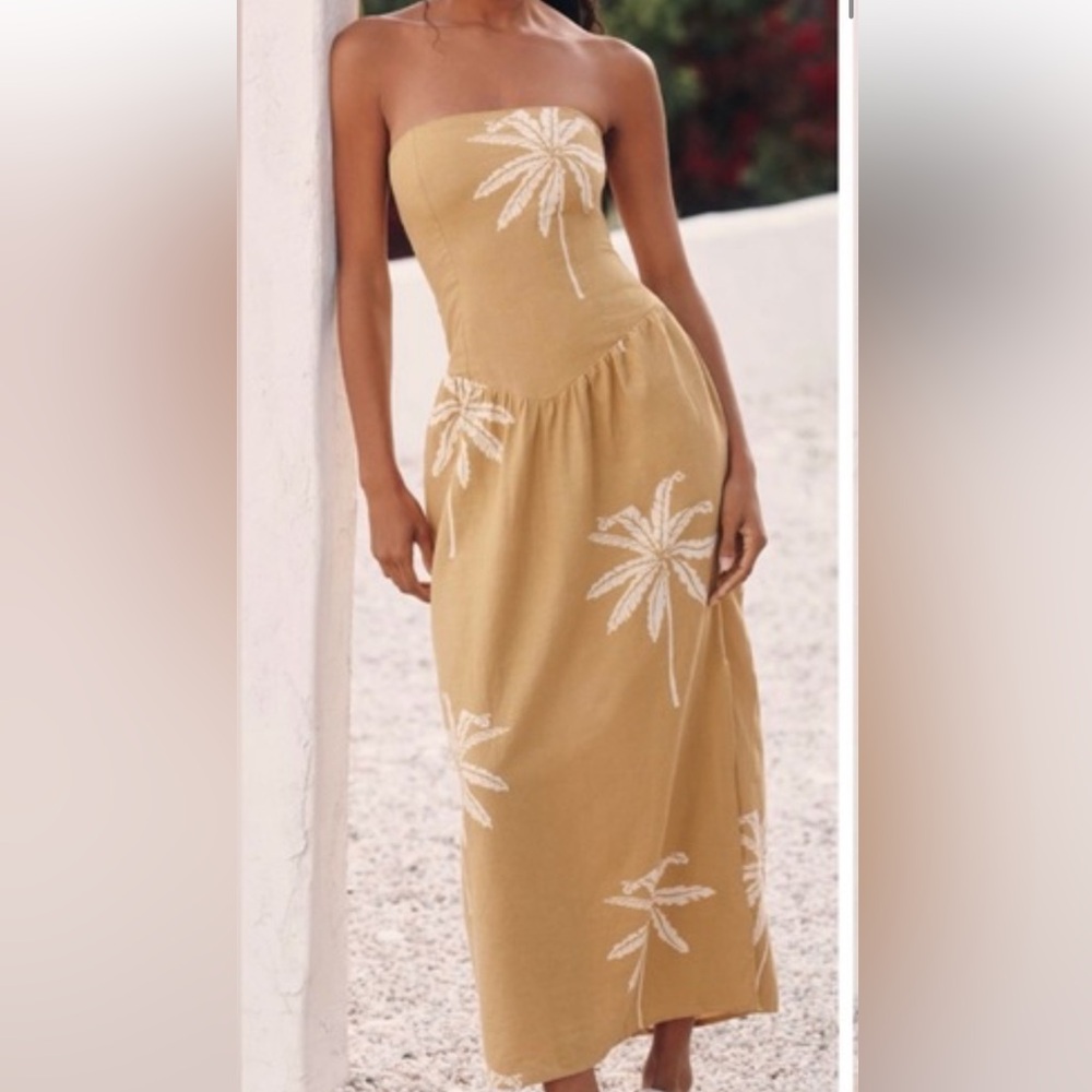 Anthropologie Tan One Shoulder Dress with White Leaf Pattern